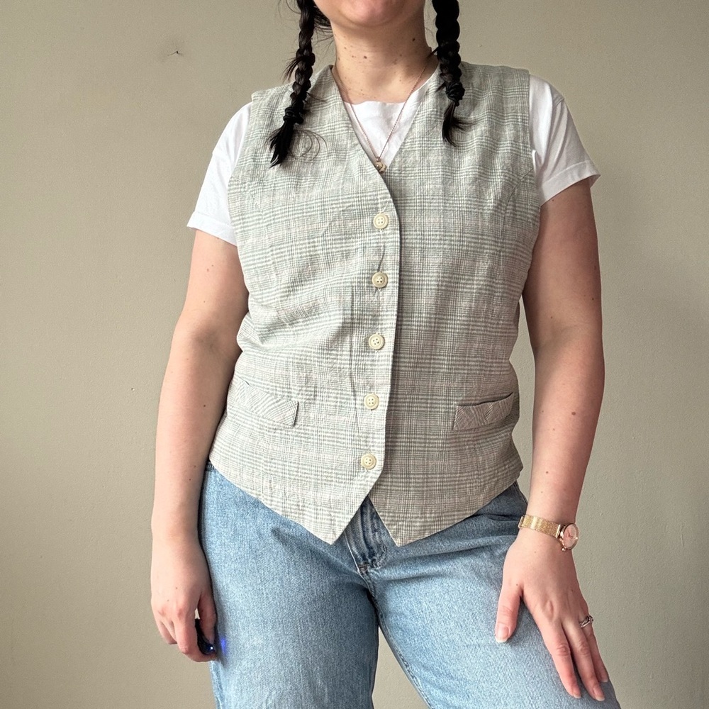 Vintage Light Sage Plaid Buttoned Vest